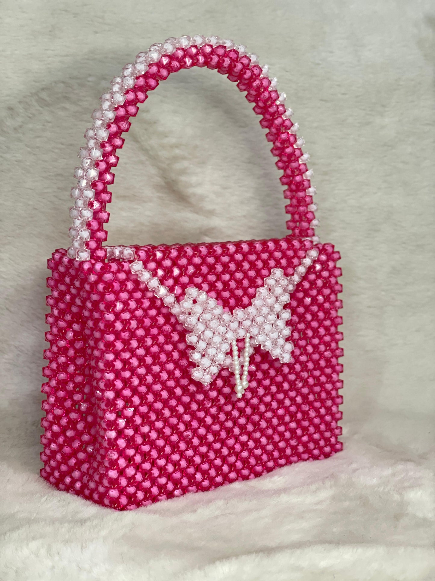 Pink Beaded Handbag with Butterfly Design – Handmade Statement Purse