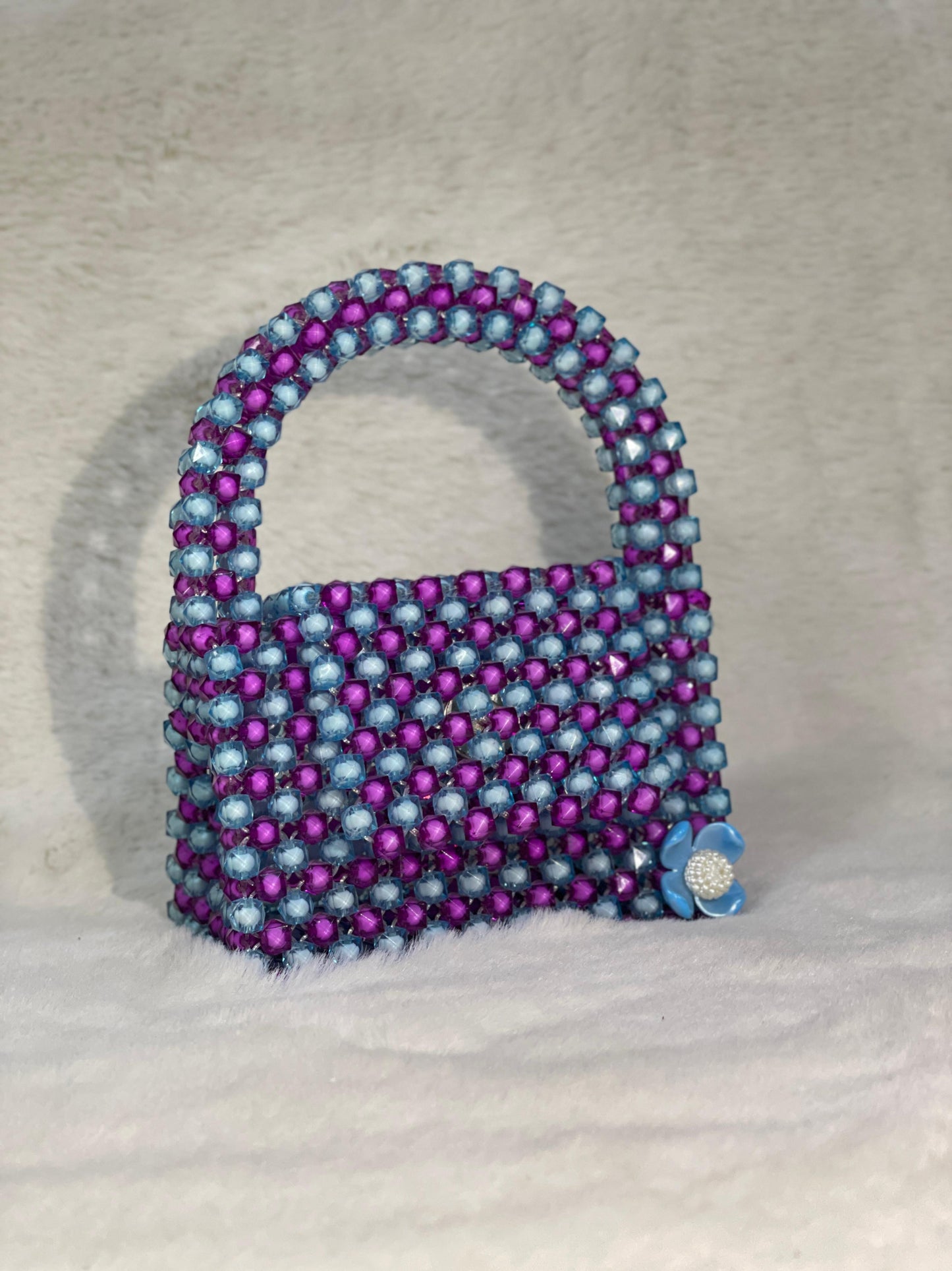Handmade Purple & Blue Beaded Handbag with Flower Accent – Acrylic Crystal Purse – Elegant BeadnBags Shoulder Bag