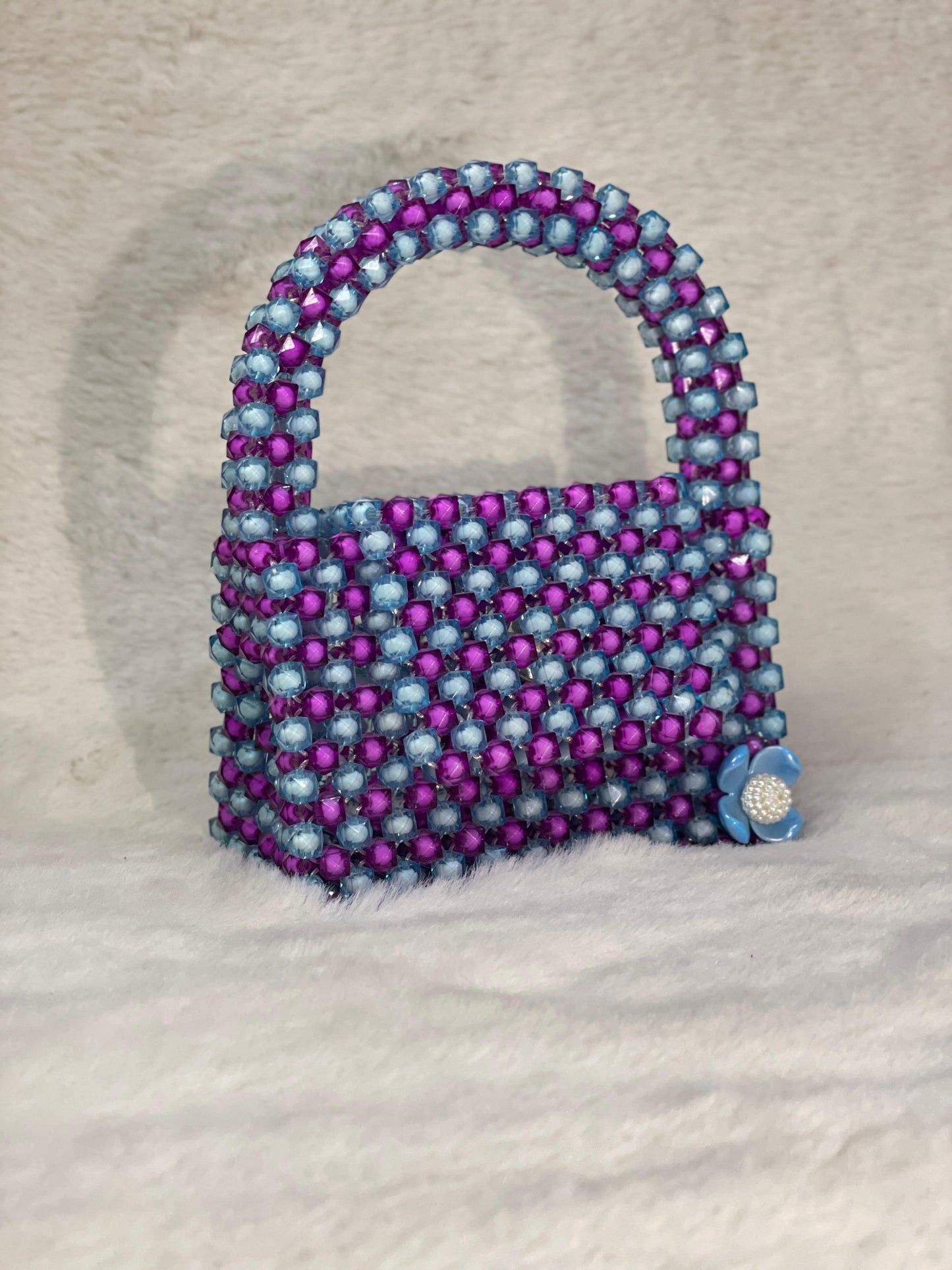 Handmade Purple & Blue Beaded Handbag with Flower Accent – Acrylic Crystal Purse – Elegant BeadnBags Shoulder Bag