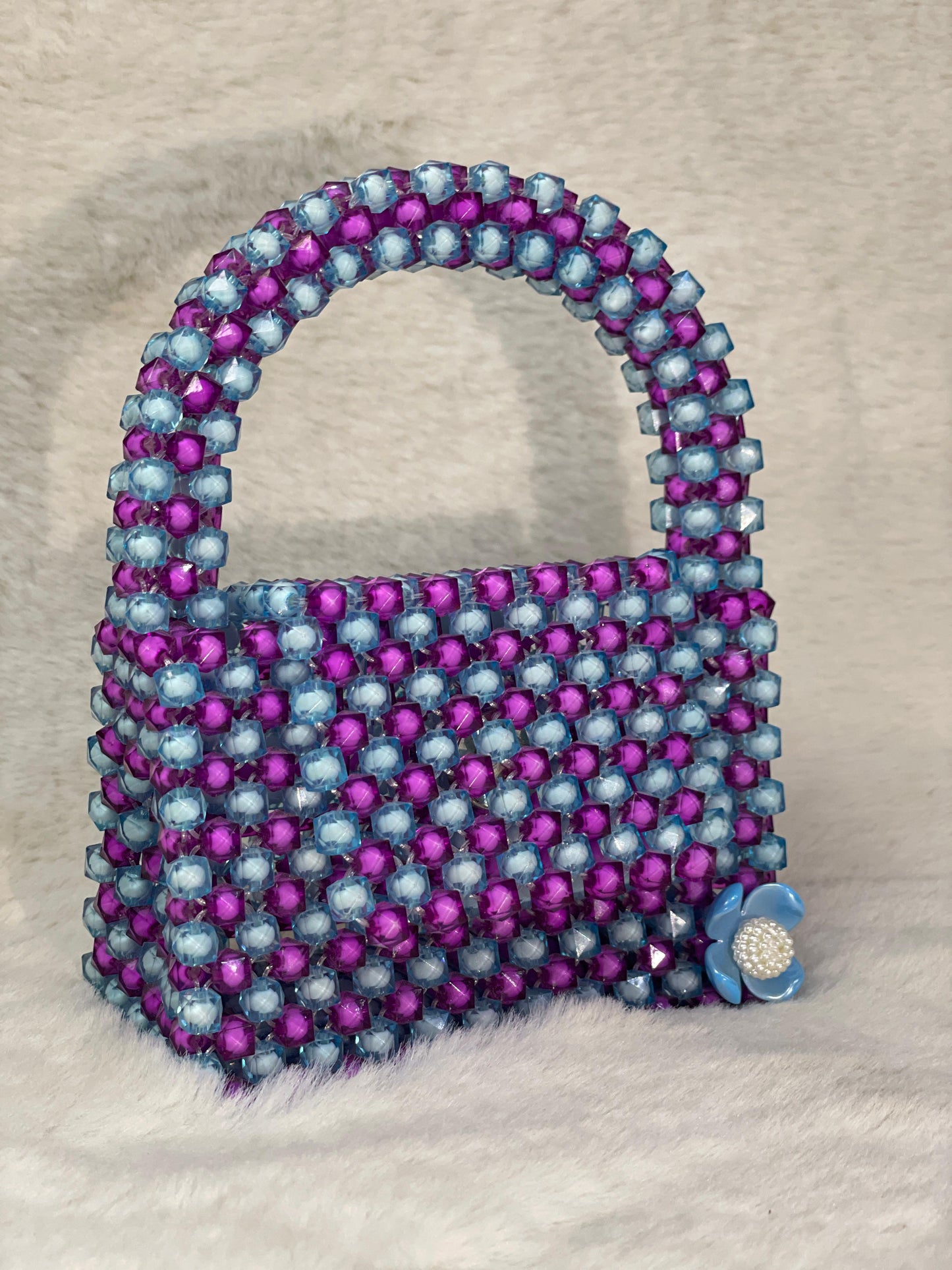Handmade Purple & Blue Beaded Handbag with Flower Accent – Acrylic Crystal Purse – Elegant BeadnBags Shoulder Bag