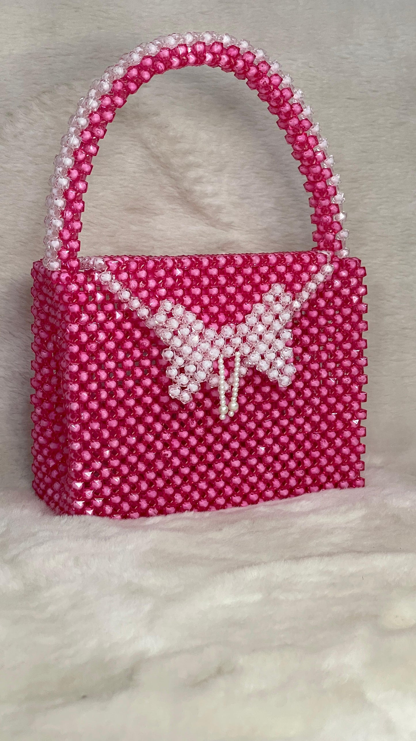 Pink Beaded Handbag with Butterfly Design – Handmade Statement Purse