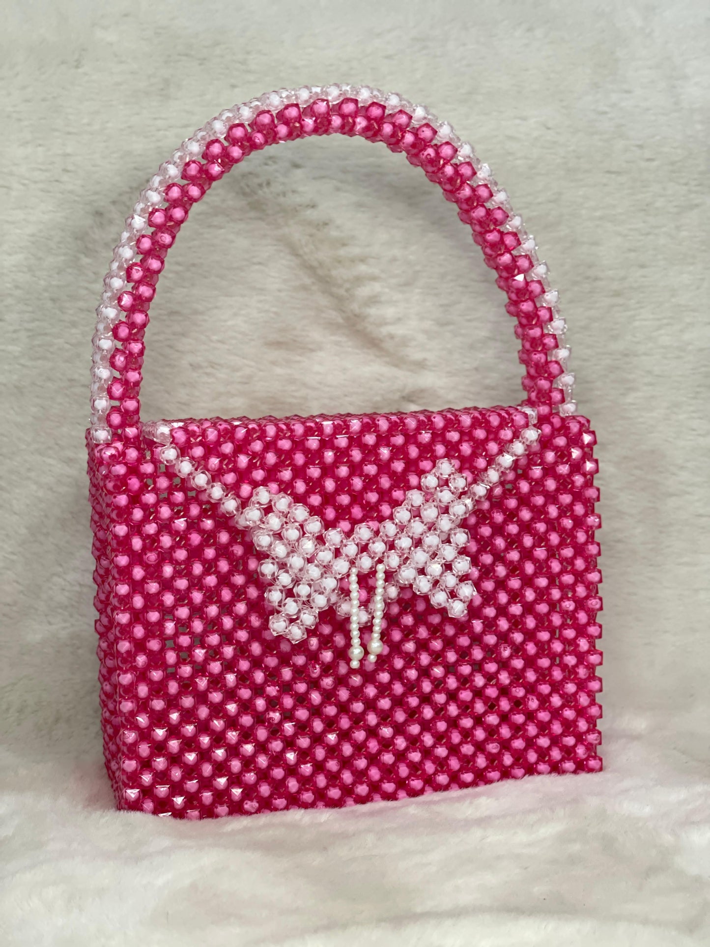 Pink Beaded Handbag with Butterfly Design – Handmade Statement Purse