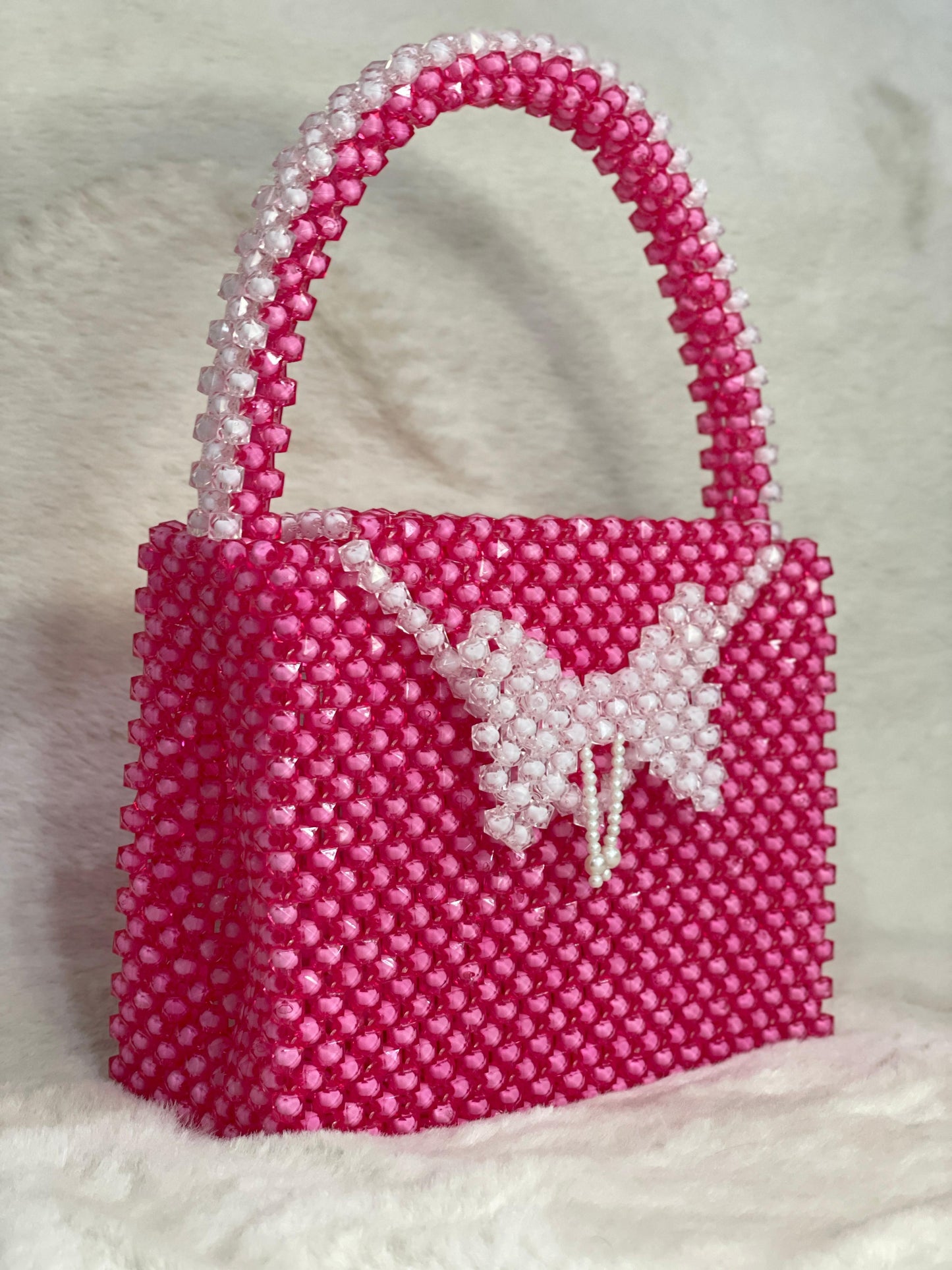 Pink Beaded Handbag with Butterfly Design – Handmade Statement Purse