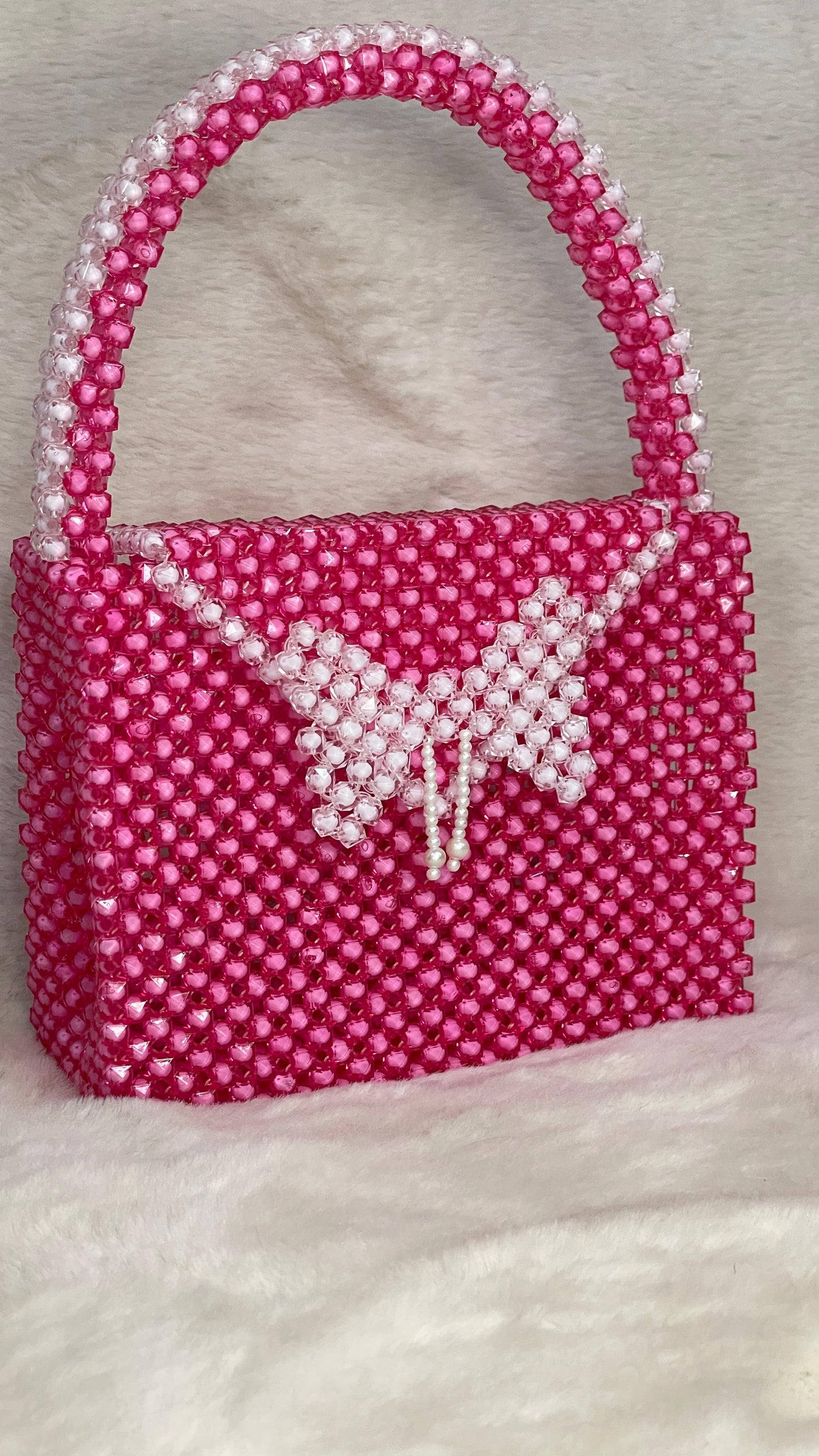 Pink Beaded Handbag with Butterfly Design – Handmade Statement Purse