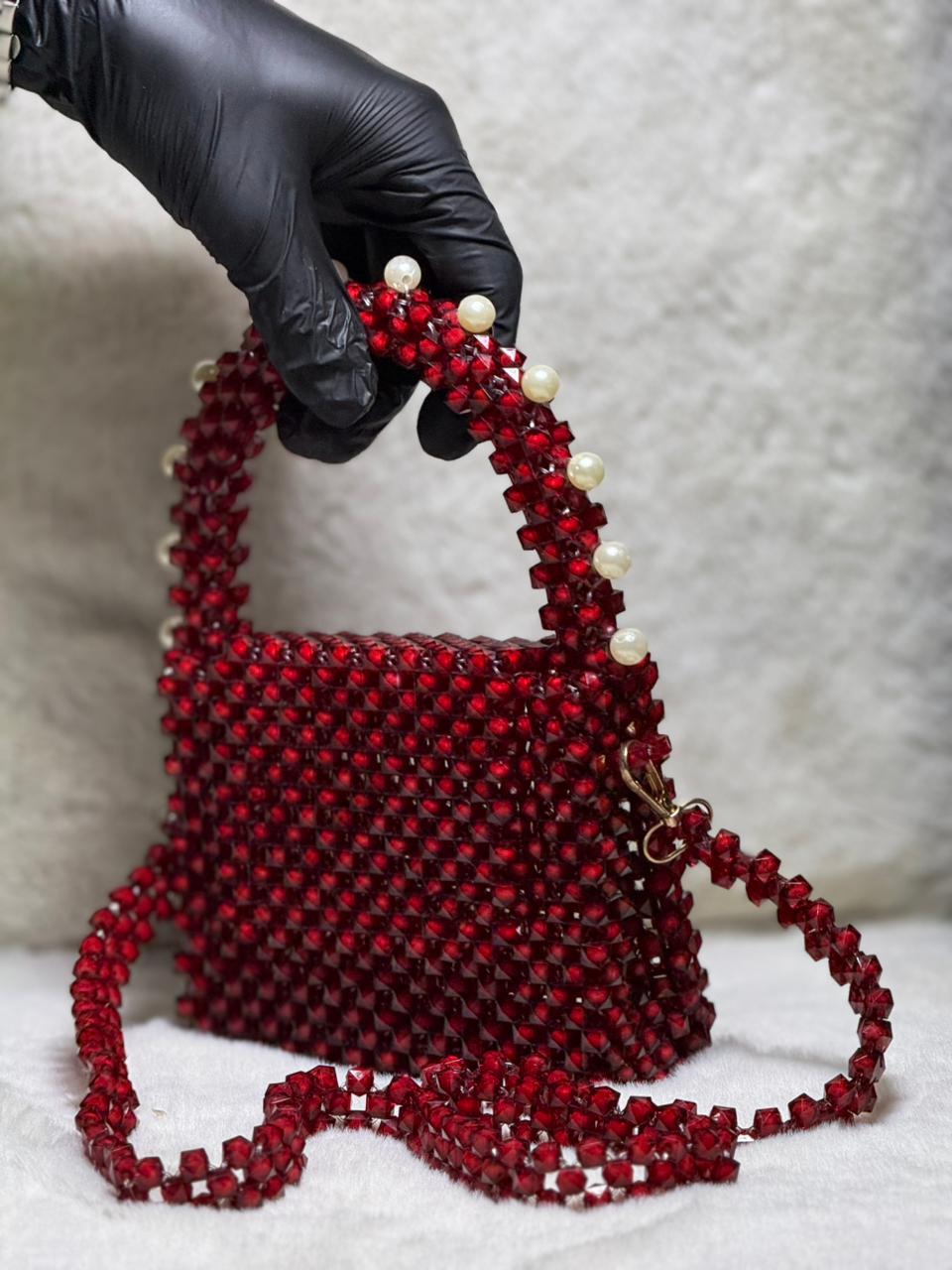 Elegant Red Beaded Handbag with Pearl Accents