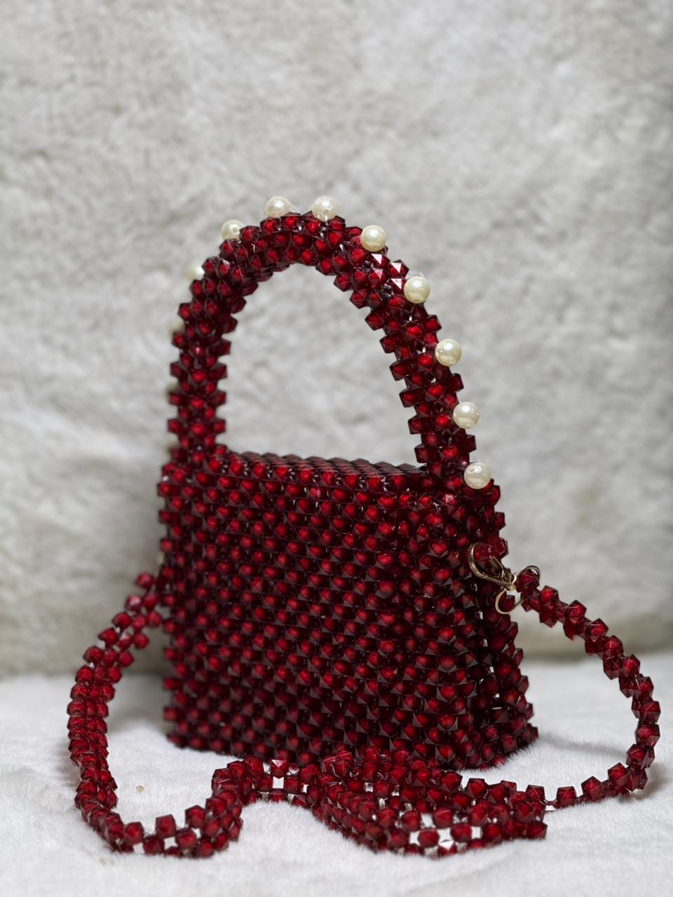 Elegant Red Beaded Handbag with Pearl Accents