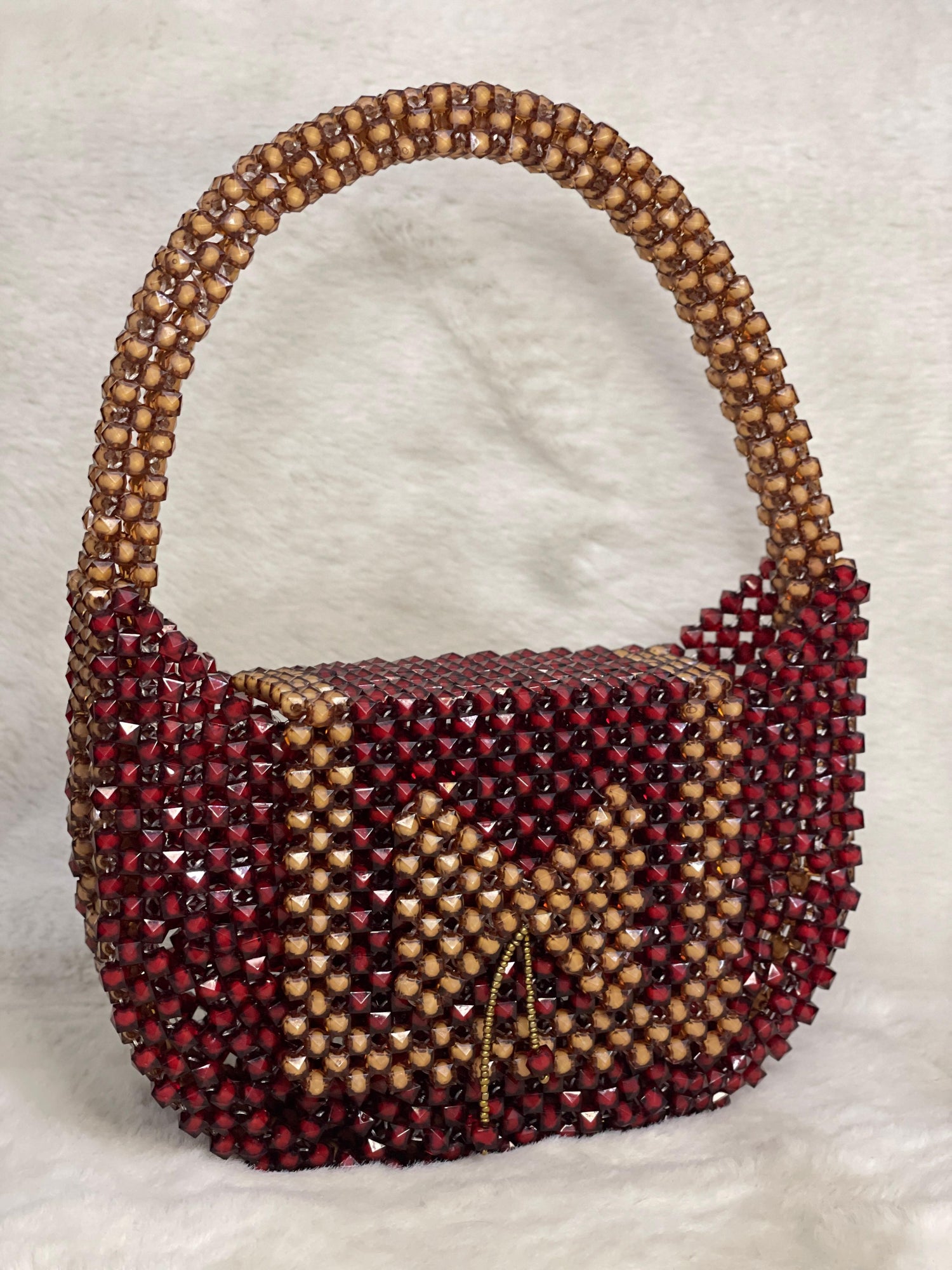 Handmade Beaded Top Handle Bag – Maroon and Gold Crystal Purse – Elegant Evening Handbag – Unique Beadwork Shoulder Bag – Gift for Her"