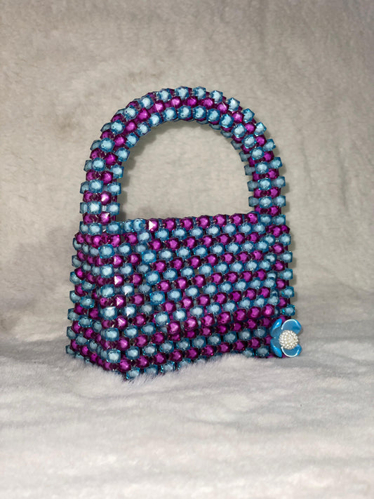 Handmade Purple & Blue Beaded Handbag with Flower Accent – Acrylic Crystal Purse – Elegant BeadnBags Shoulder Bag