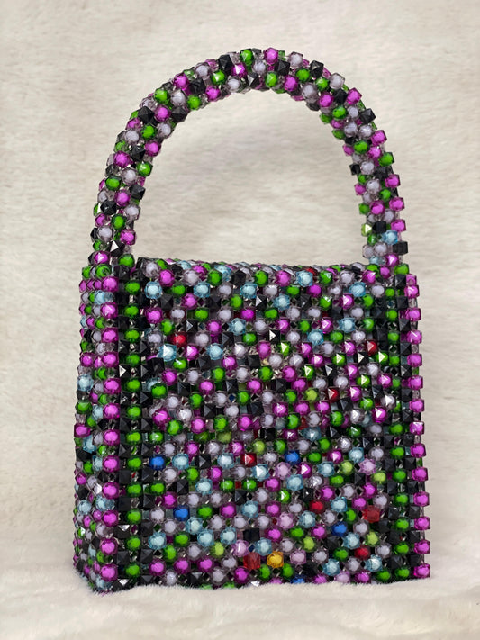 Handmade Multicolor Beaded Purse – Acrylic Crystal Bag with Top Handle | Unique Gift for Her | BeadnBags