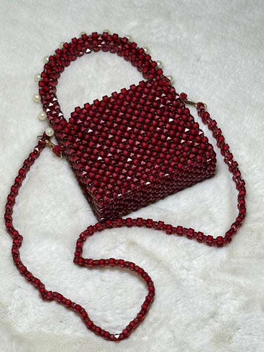 Elegant Red Beaded Handbag with Pearl Accents