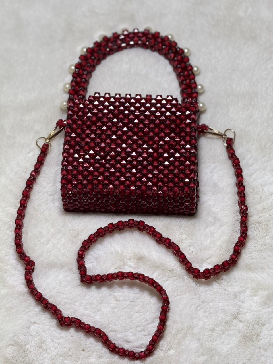 Elegant Red Beaded Handbag with Pearl Accents