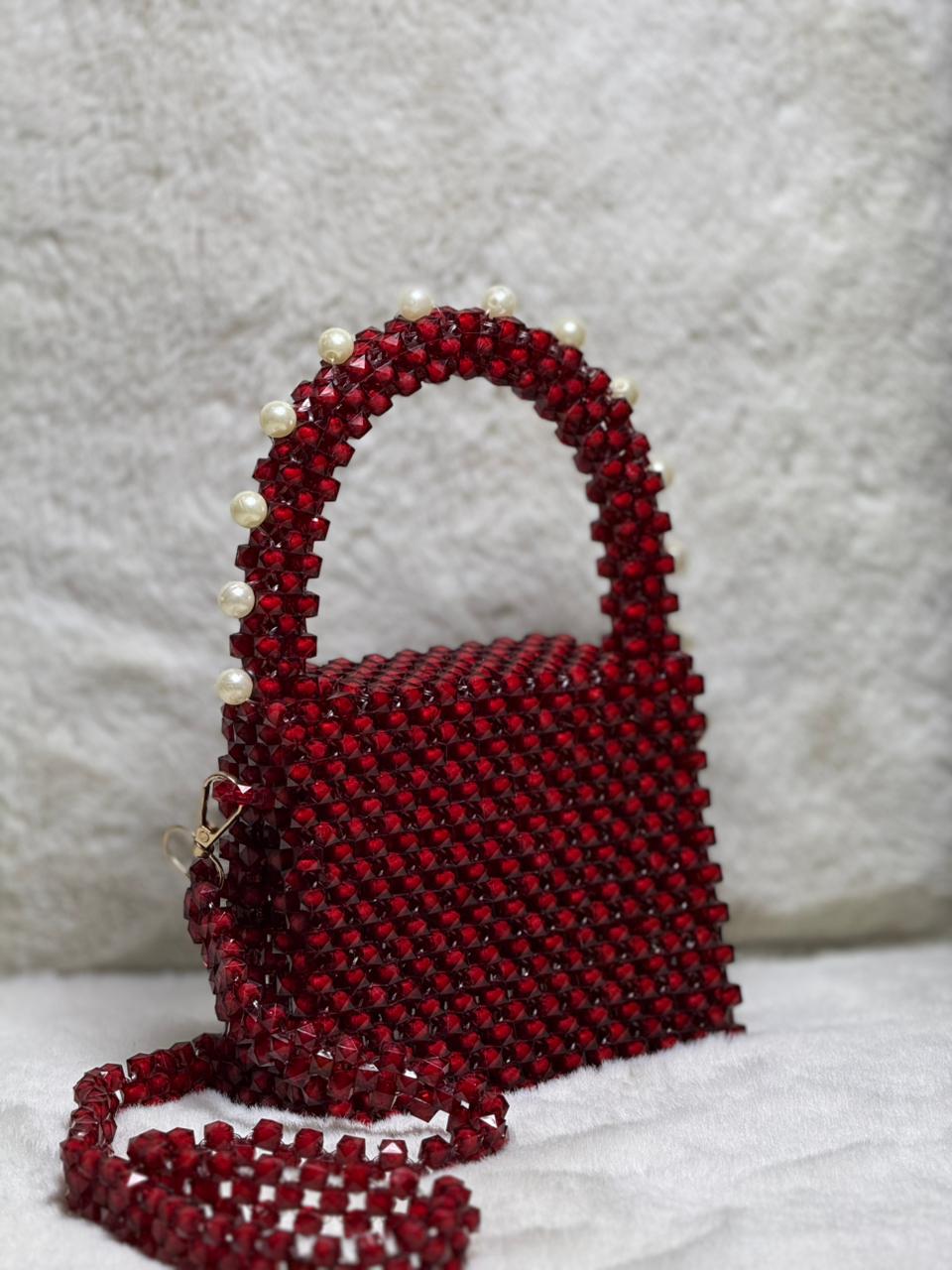Elegant Red Beaded Handbag with Pearl Accents