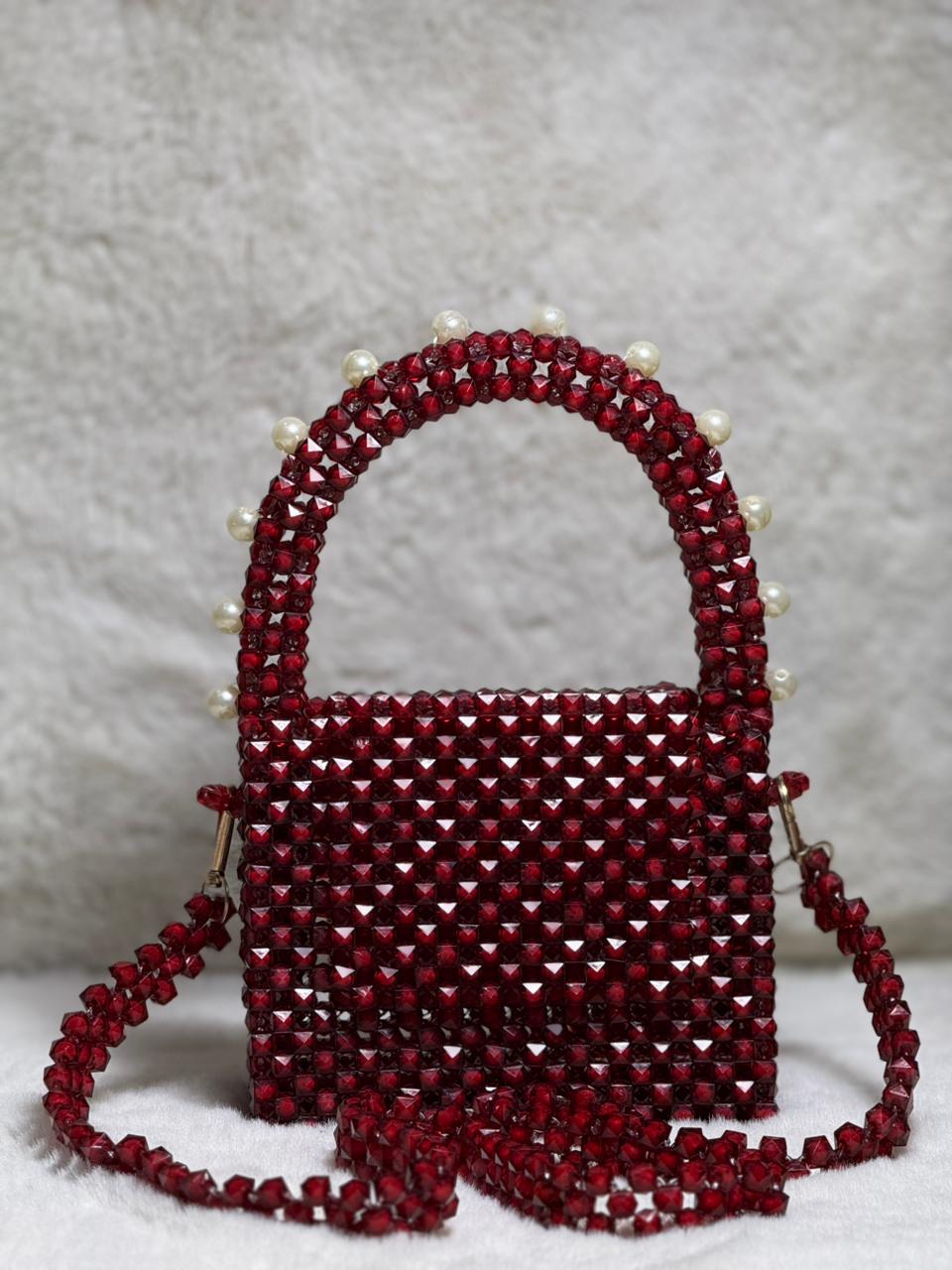 Elegant Red Beaded Handbag with Pearl Accents